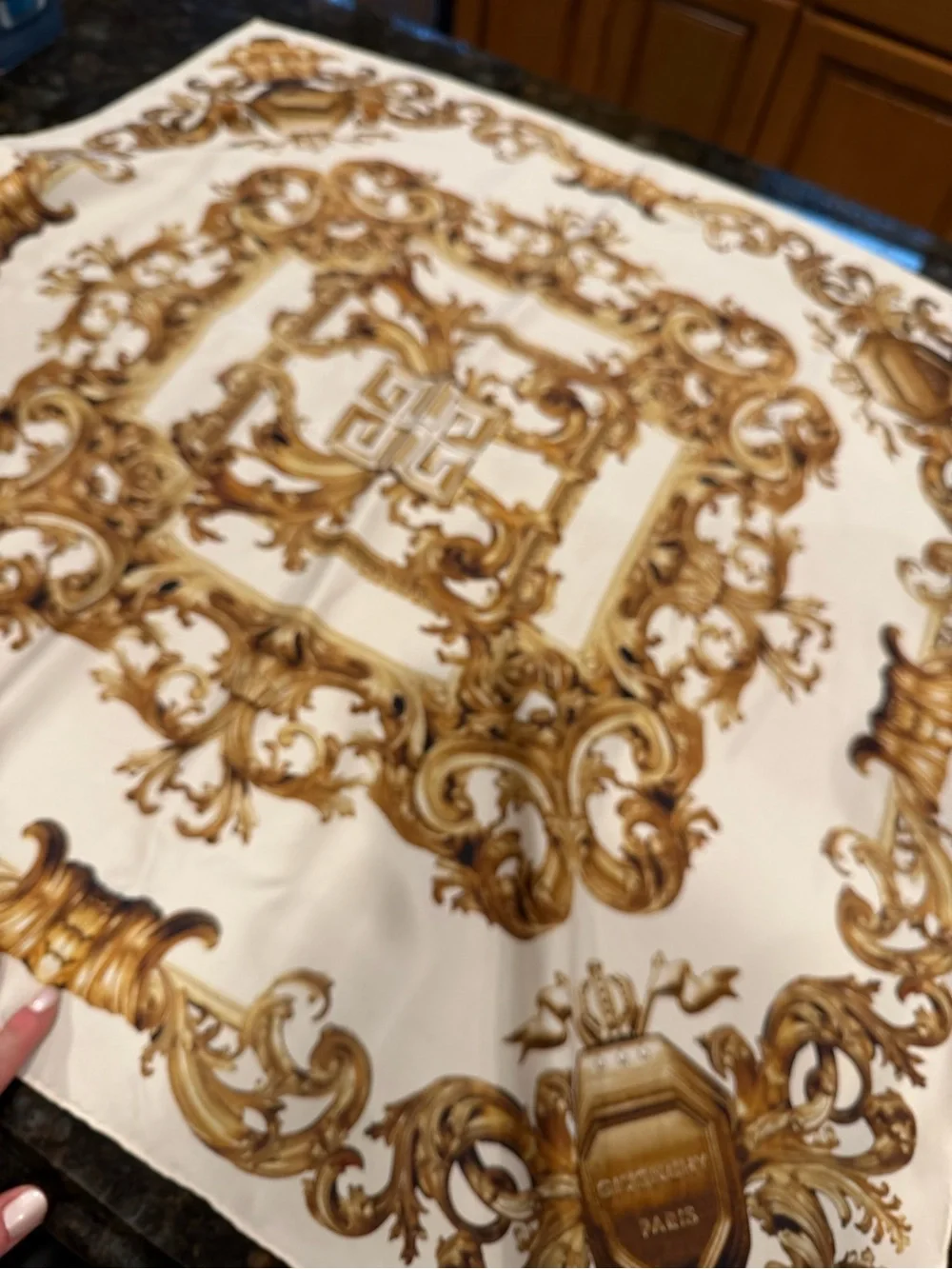 Authentic Givenchy Elegant Cream & Gold Baroque Silk Scarf
